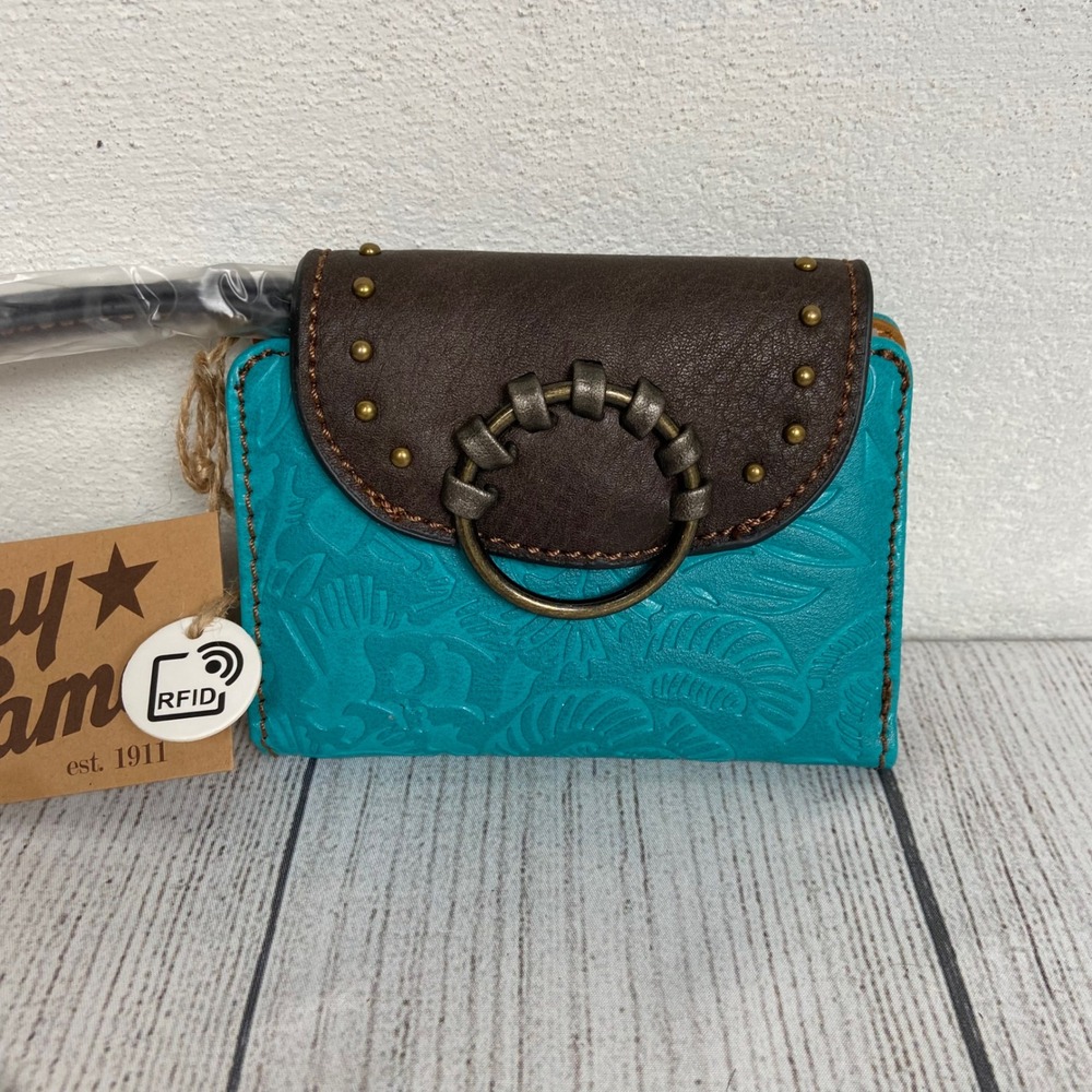 Tony Lama RFID Wallet Turquoise Floral Embossed Western Wristlet Clutch